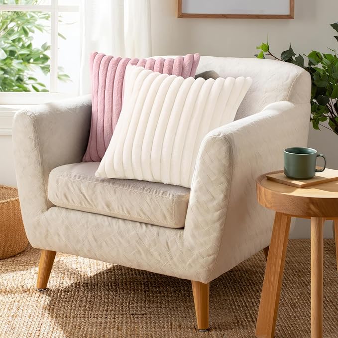 Pallene Faux Fur Plush Throw Pillow Covers 26x26 Set of 2, Luxury Soft Fluffy Striped Decorative Pillow Covers for Sofa, Couch, Living Room, Cream White
