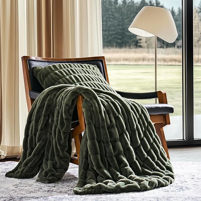 EVERGRACE Luxurious Soft Faux Rabbit Fur Throw Blanket, Cozy Fuzzy Plush Warm Throws for Couch Bed Sofa Chair Home Decor, Ruched Bubble Fluffy Blanket with Reversible Velvet, 60" x 80", Loden Green