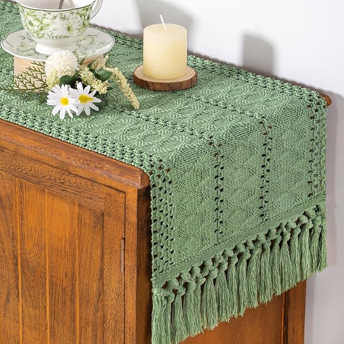 Socomi Sage Green Boho Table Runner Macrame Long Easter Spring Farmhouse Woven Cotton Linen Rustic Coffee Table Runner with Tassels for Dresser Scarf Home Decor Dining Room 12x108 inch
