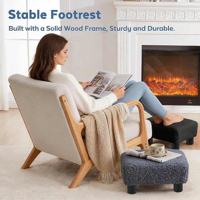BRIAN & DANY Small Foot Stool Ottoman, Footstool with Legs, Sherpa Foot Rest for Couch, Foot Stools Small for Living Room, Bedroom and Office, Blue