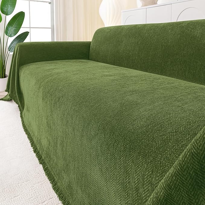 Smiry Couch Cover for Dogs, Washable Chenille Sofa Covers for 3 Cushion Couch, Soft Sofa Slipcover for Pets, Thick Sectional Furniture Protector with Tassels (Green, 88.5x118 Inch)