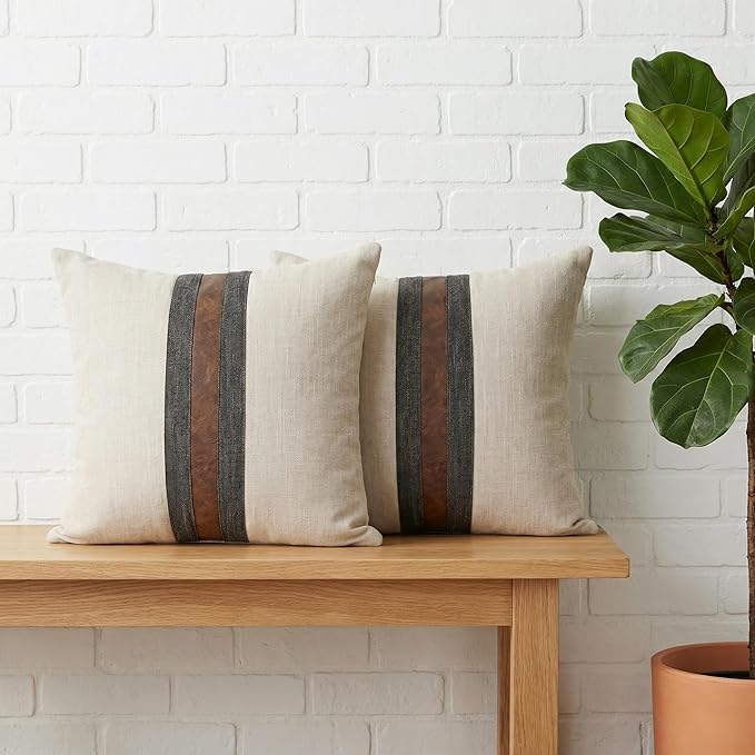BOYSUM Set of 2 Leather Throw Pillow Covers Cotton Linen Decor Patchwork Pillow Cover Faux Leather Pillows Cover for Couch Sofa Living Room Bedroom,Beige 22"x22"
