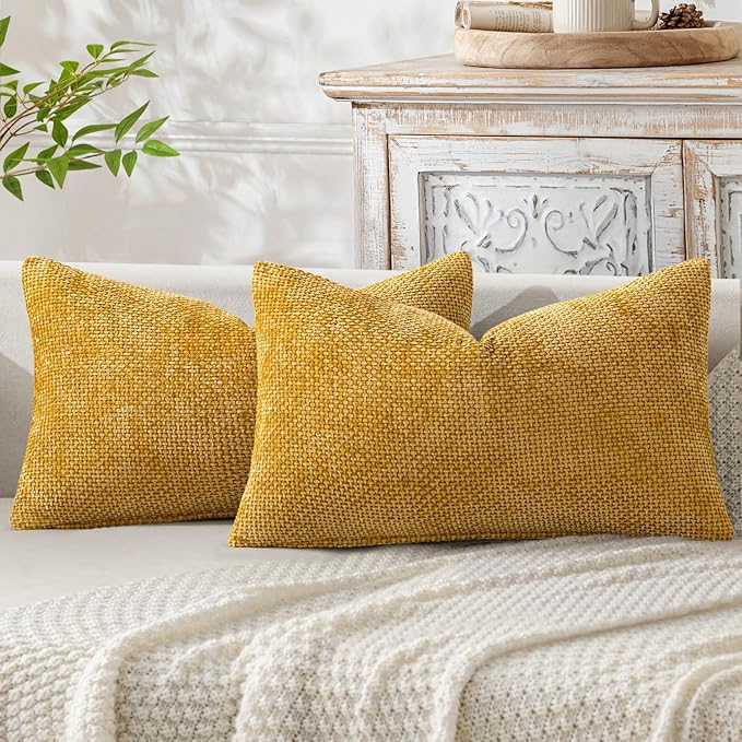 MIULEE Pack of 2 Gold Lumbar Throw Pillow Covers 20x12 Inch Mustard Yellow Summer Modern Boho Decorative Pillow Covers Soft Chenille Farmhouse Cushion Covers for Home Decor Couch Bed Sofa Living Room