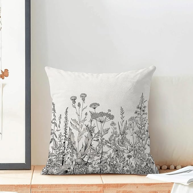 AEIOAE Black White Gray Pillow Covers 20x20 Inch Set of 2, Spring Wildflower Plant Throw Pillows Case,Seasonal Floral Outdoor Decorative Flowers Farmhouse Decor Cushion Covers for Home Sofa Bed Couch