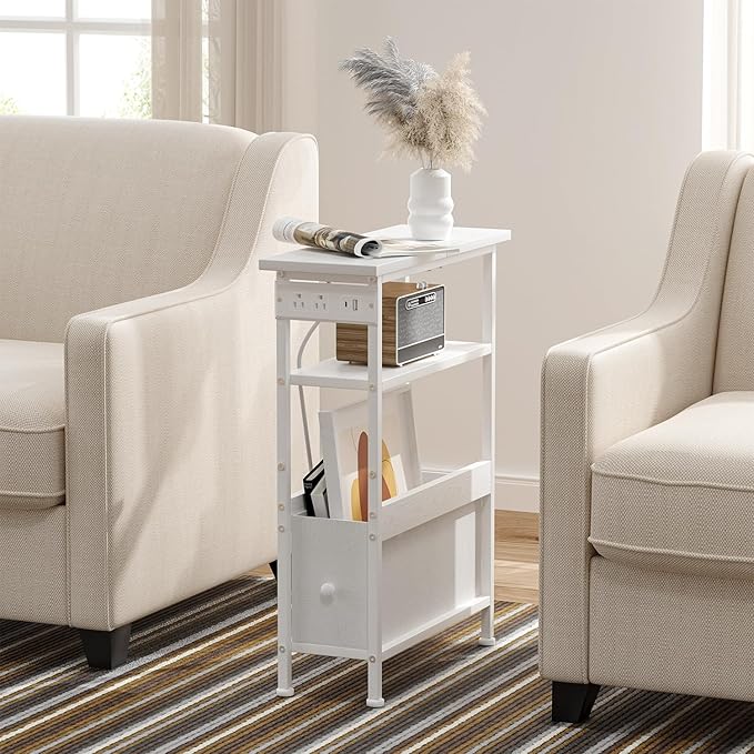 Narrow Bedside Table with Charging Station and LED Light, Skinny Nightstand with USB Ports & Type-C, End Table with 1 Fabric Drawer, Slim Side Table for Bedroom, Nursery, Living Room, White