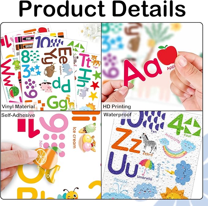 Animal Alphabet Numbers Wall Decals - 6 Sheets 55 Pcs Colorful Educational Wall Decor Peel and Stick Removable Numbers Letters ABC Stickers for Kids Daycare Nursery Playroom Classroom Bedroom