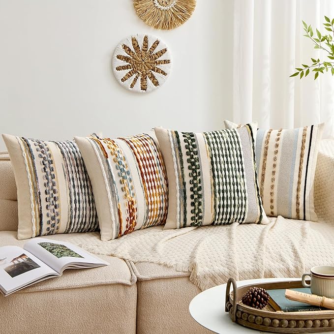 ANRODUO Pack of 2 Boho Decorative Throw Pillow Covers 18x18 Farmhouse Cushion Case Striped Chenille Pillow Cases Square Pillow Covers Accent Neutral Pillowcase for Sofa Couch Bed,Brown Stripe