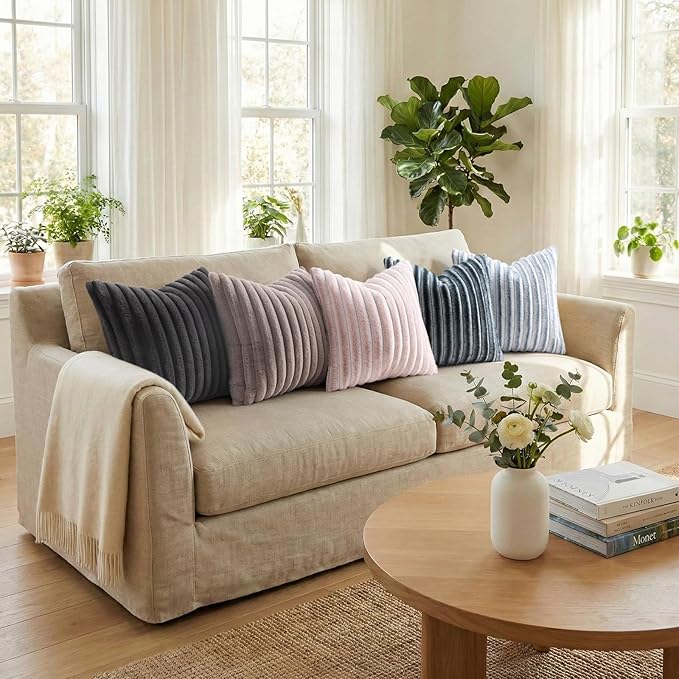 Pallene Faux Fur Plush Throw Pillow Covers 18x18 Set of 2, Luxury Soft Fluffy Striped Decorative Pillow Covers for Sofa, Couch, Living Room, Light Coffee