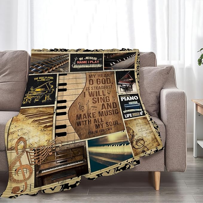 Vintage Piano Blanket Music Throw Blankets Decor Stuff Cozy Flannel Fleece Soft Plush Fuzzy Warm Lightweight Bedding Gifts for Women Girls Kids 60"X50"