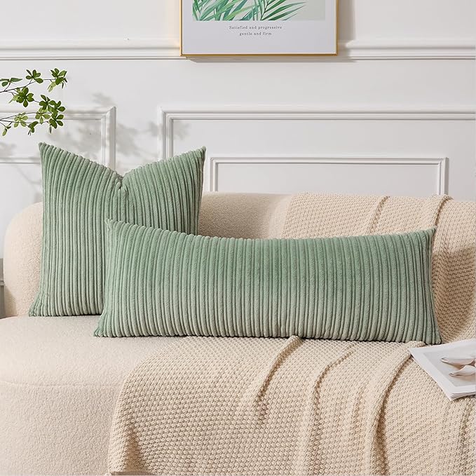 UGASA 14x36 Inch Pillow Cover Pack of 1 Soft Boho Stripe Corduroy Large Long Rectangular Lumbar Cushion Cover Farmhouse Decorative Throw Pillowcase for Bed Couch Sofa Bedroom Living Room Sage Green