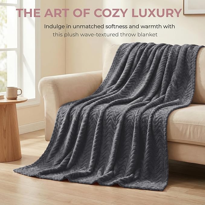 Exclusivo Mezcla Fleece Throw Blanket for Couch, Cozy Lightweight Blankets for All Season, Decorative Giftable Fuzzy Plush Wave Textured Throws for Women, Men, Dark Grey, 50x70 Inches