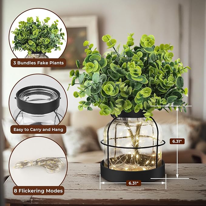 Farmhouse Rustic Glass Vases Primitive Country Lantern Coffee Dining Table Centerpiece Green Fake Artificial Eucalyptus Plants with Light Home Decor for Shelf Desk Counter Kitchen Bathroom, Black