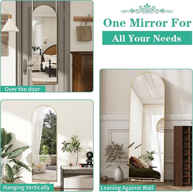 TinyTimes Over The Door Mirror Full Length,48"x14"Door Hanging Mirror Full Length Arch Mirror,Behind The Door Wall Mirror,Back of Door Mirrors for Closet Bedroom Living Room (Gold)