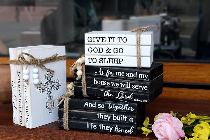 LIVDUCOT As for Me and My House We Will Serve the Lord Decor - Farmhouse Rustic Wood Decorative Books Stack for Home Coffee Table Living Room - Faux Books for Fireplace Mantle Bible Verses Decoration