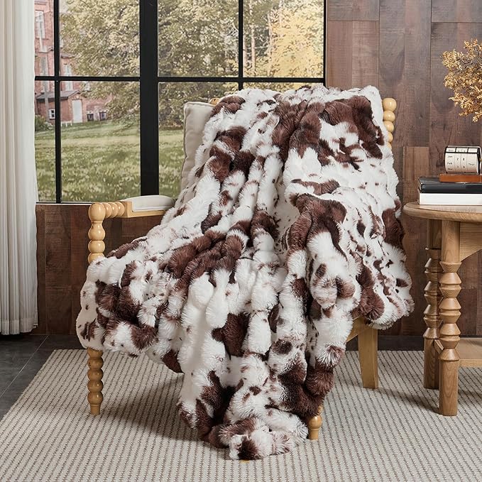 Lotus Karen Faux Fur Throw Blanket Cow Print-Dark Brown, Fluffy Fuzzy Plush Bubble Blanket for Couch, 108x90 Inches Cozy Shaggy Rabbit Blanket, Luxury Decorative Gifts for Sofa Bedroom Living Room.