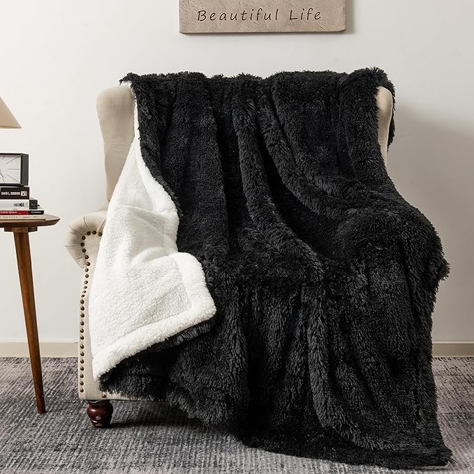 COOVA Ultra Soft Faux Fur Throw Blanket – Fuzzy Fluffy Cozy Microfiber Blankets, Warm Thick Plush Sherpa Fleece Throw Blanket for Couch,Bed,Sofa,Ideal Gift for Women.(Black, 50"x60")