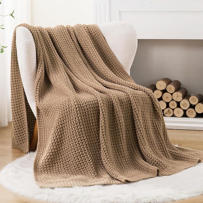 Bunnikins & Clover Beige Throw Blanket for Couch, Knitted Beige Throw for Bed, Neutral Throw Blankets Tan Blanket for Room Decor Housewarming Gifts, 60"x80"
