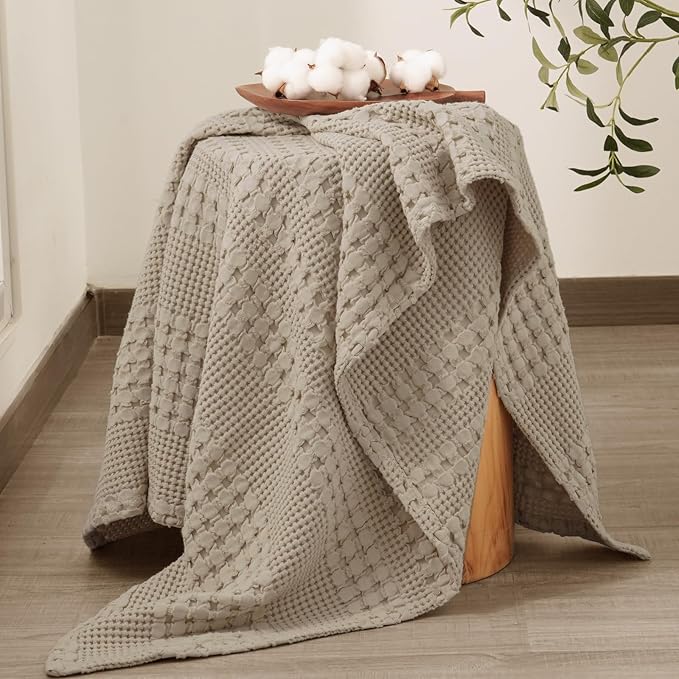 PHF 100% Cotton Waffle Weave Throw Blanket, Soft Lightweight Breathable Cozy Throws for Couch Bed Sofa, Luxury Aesthetic Blanket Gift for Home Decor & Office, 50"x60", Taupe