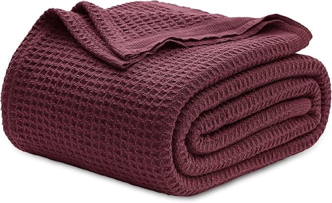 Bedsure Gentlesoft 100% Cotton Blanket Twin XL Size for College Dorm - Breathable and Soft for Spring Summer, Waffle Weave Twin Blanket for Bed, Dorm Room Essentials, Burgundy, 66x90 inches