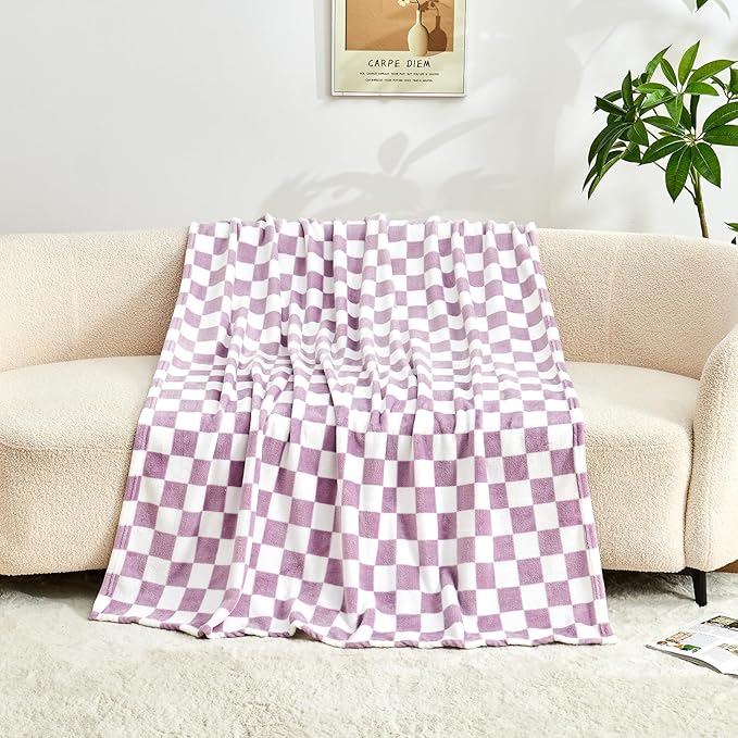 Checkered Blanket Flannel Throw Blankets Soft Cozy Checkered Grid Print Chessboard Gingham Pattern Throws for Bed Sofa Couch for All Seasons, 60x80 Inch, Purple