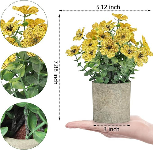 2 Pack Small Fake Plants Potted Artificial Plants Artificial Flowers Potted Faux Flower Daisy with Eucalyptus Leaves for Home Decor Office Room Farmhouse Indoor Table Bathroom Decor（Yellow）
