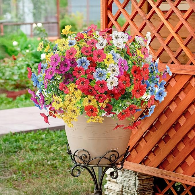 Artificial Flowers Outdoors Spring Faux Flowers UV Resistant Fake Plastic Greenery Plnats Outside Bulk for Garden Hanging Planter Patio Home Decor, 24 Bundles (Multicolor)