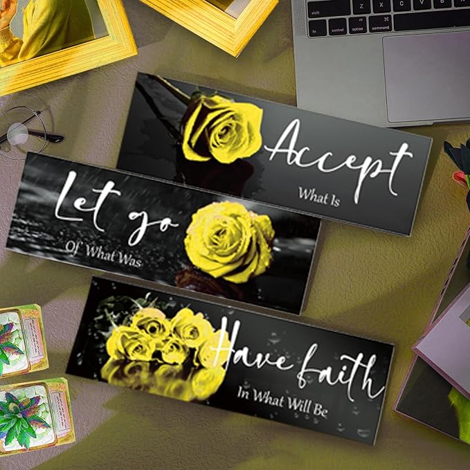 ZINYAZHE 3 Pcs Large Yellow Wall Decor Inspirational Yellow Bathroom Wooden Rose Wall Art Office Wall Decor With Accept Let Go Have Faith Quotes For Girl Women Bathroom Bedroom(yellow 16 X5)