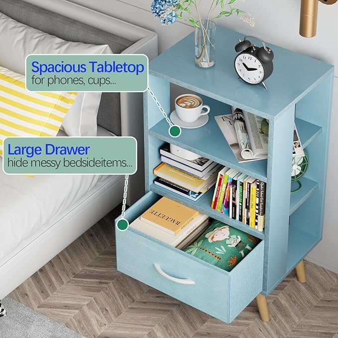 Night Stand, Blue Nightstand with Drawer, Side Table with Open Storage, 3-Tier Modern End Table, Bedside Table for Small Space, Living Room, Bedroom