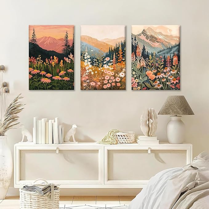 KBKBART Boho Mountain Framed Canvas Wall Art Set of 3, Colorful Landscape Wildflower Daisy Wall Decor, Bohemian Floral Forest Scenery Art Prints for Bedroom Living Room Office 12x16 Inch