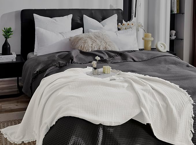 KyraHome 100% Cotton Blanket 60"x80" Large Muslin Throw Blankets for Adults, Couch, Picnic, Travel, Plant Dyed Pre-Washed Breathable Lightweight Soft Gauze Blanket, All Season, White