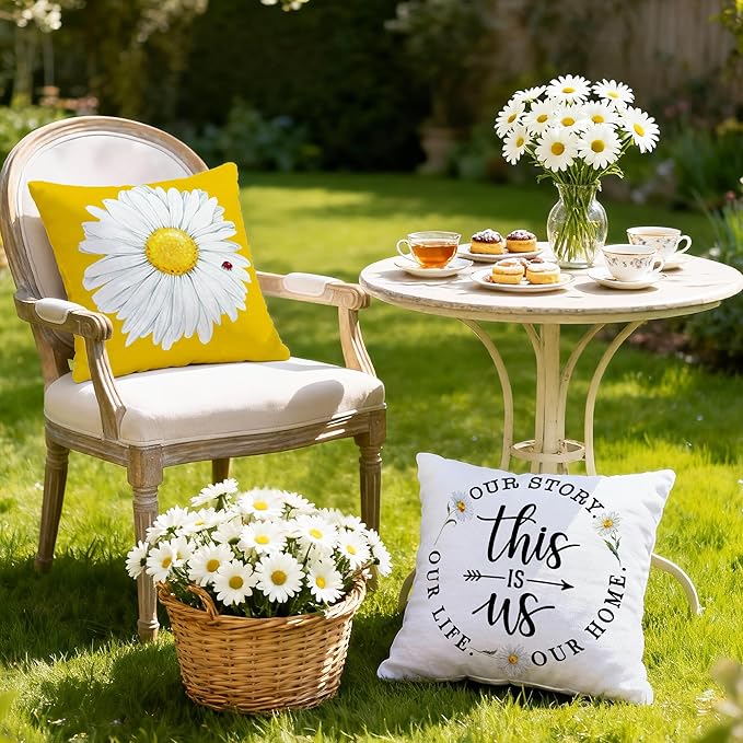 Hexagram Spring Summer Pillow Covers 16x16 Set of 4, Floral Daisy Outdoor Decorative Throw Pillow Covers, Yellow Farmhouse Cushion Case for Couch Sofa Living Room Bedroom Home Indoor Decor(No Insert)