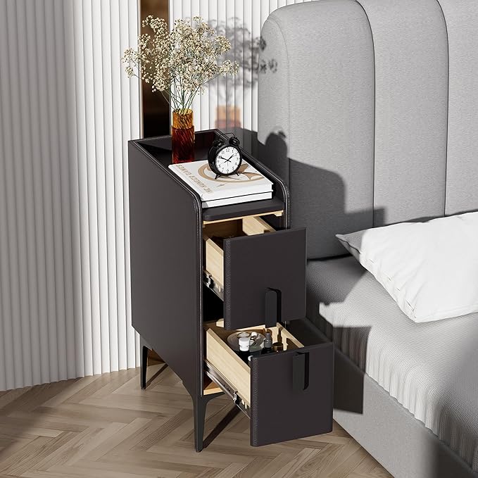 VICITON Narrow Nightstand with 2 Drawers, Narrow Side Table Leather Surface, Slim Bedside Table for Bedrooms, Dormitories, Living Rooms (Dark Gray, 15.7" D x 7.8" W x 22.4" H)
