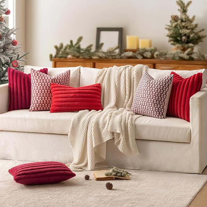 MIULEE Faux Fur Decorative Throw Pillow Covers 20x20 Inch Set of 2, Modern Spring Home Decor Soft Plush Couch Pillows Cozy Fluffy Cushion Covers for Sofa Bed Red