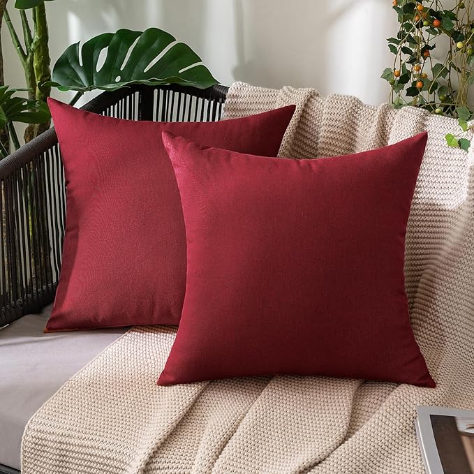 MIULEE Pack of 2 Decorative Outdoor Solid Waterproof Throw Pillow Covers Faux Linen Garden Farmhouse Cushion Cases for Patio Tent Balcony Couch Sofa 20x20 Inch Wine Red