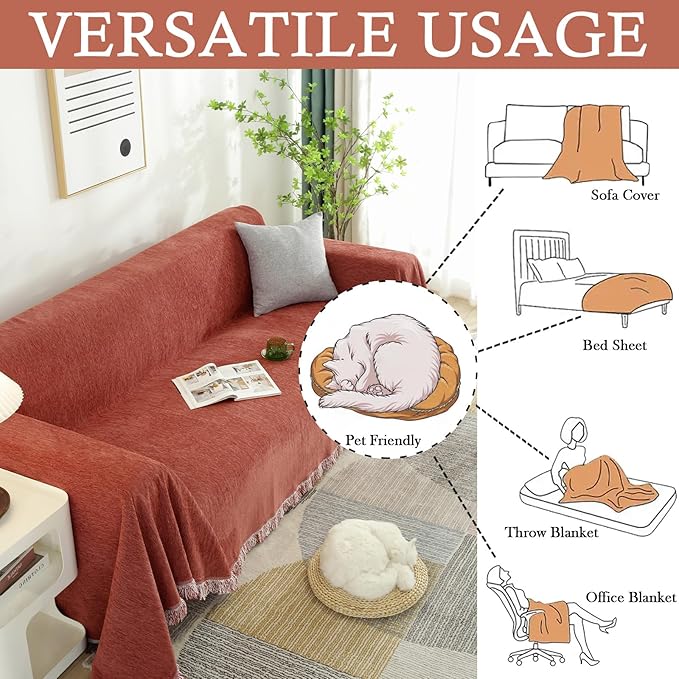 HANDONTIME Chenille Couch Covers Brick Red Sofa Cover for Dogs Terracotta Sectional Couch Covers Couch Protector for Dogs Loveseat Covers Furniture Covers Sofa Covers for 3 Cushion Couch, 71" X134"