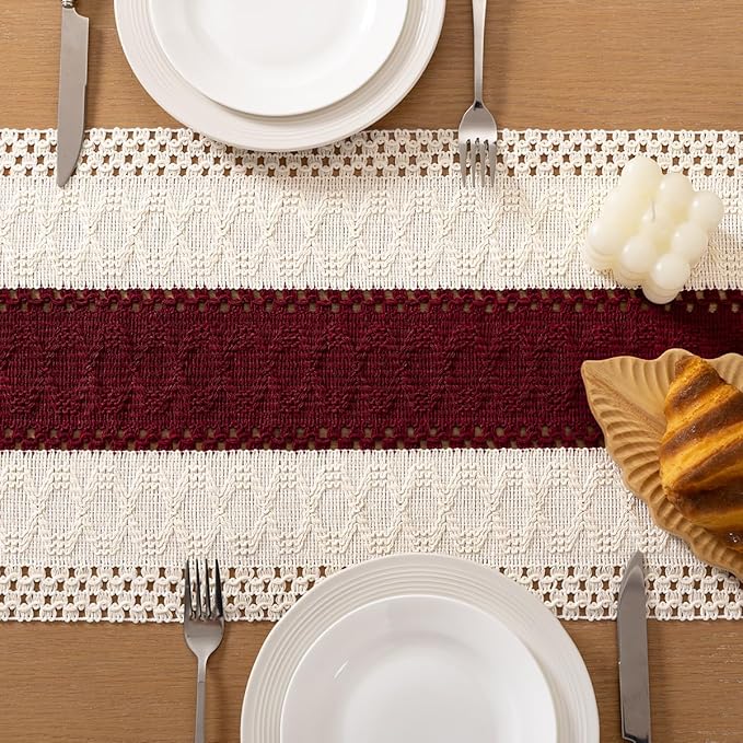 Socomi Boho Table Runner Macrame Easter Spring Farmhouse Woven Cotton Linen Rustic Coffee Table Runner with Tassels for Dresser Scarf Home Decor Dining Room 12x90 in Burgundy Ivory