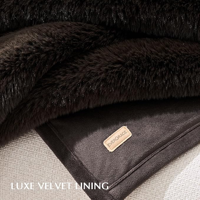 EVERGRACEHOME Luxury Soft Faux Chinchilla Fur Throw Blanket for Couch, Warm Thick Heavy Winter Throw Blanket 1220GSM for Bed, Fluffy Cozy Mink Blanket with Reversible Velvet, Espresso Mink, 50"x60"