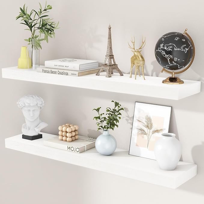 fuqing 36 Inch White Floating Shelves for Wall, Solid Wood White Floating Shelves Set of 2, Lightweight Wood Wall Mounted Shelves for Bathroom Bedroom Living Room Kitchen