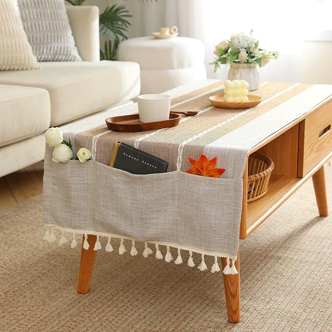 SIELUNO Rustic Farmhouse Rectangle Coffee Table Cover - Cotton Linen Waterproof Cloth With Pockets and Tassel for Living Room Decoration - Coffee Stripes - 24x64 Inch