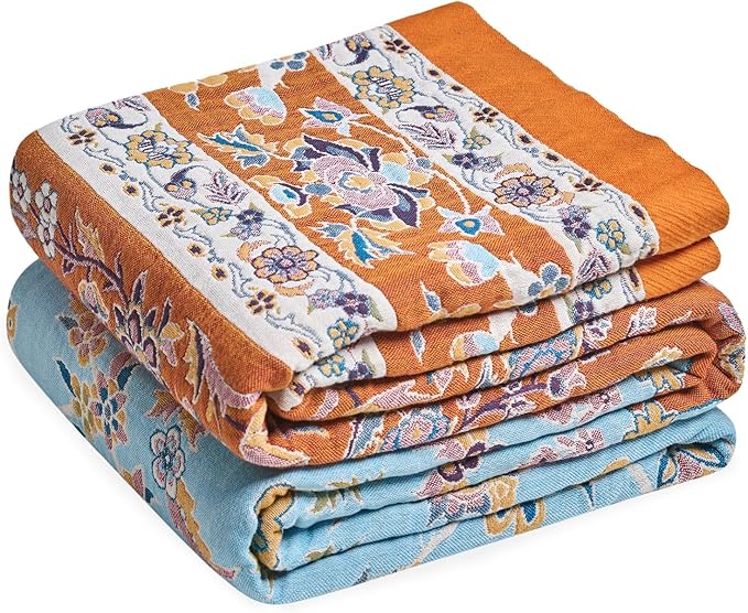 Boho Throw Blanket for Couch Sofa Chair Cotton Spring Blankets for Bedroom Living Room All Season Lightweight Reversible Floral Embroidery Decorative Throws 50"x60"