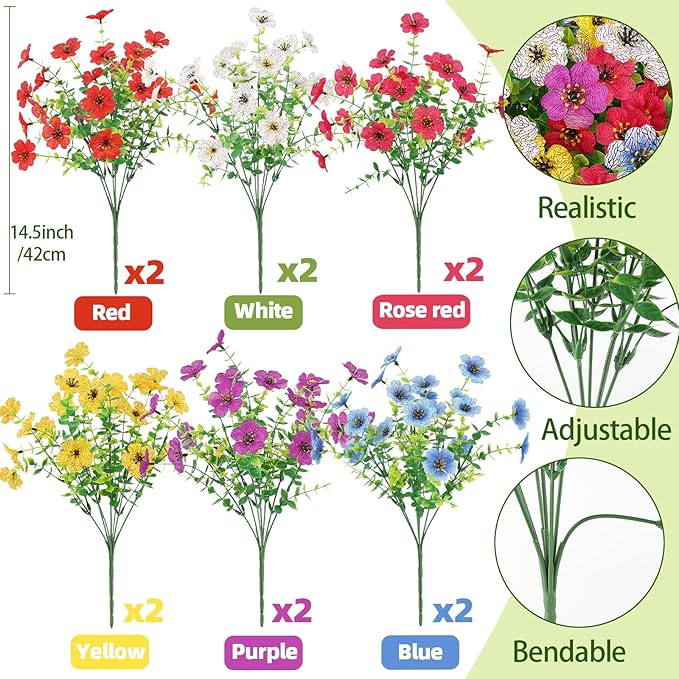 Artificial Flowers Outdoors Spring Faux Flowers UV Resistant Fake Flowers Daisy Plastic Greenery Plnats Outside Bulk for Garden Hanging Planter Patio Porch Home Decor, 12 Bundles (Multicolor)