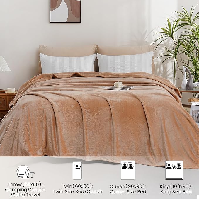 Fleece Blanket King Size, Silky Flannel Fuzzy Blankets for All Season, Cozy Lightweight Blanket for Couch, Bed, Sofa, 108" x 90", Camel, King