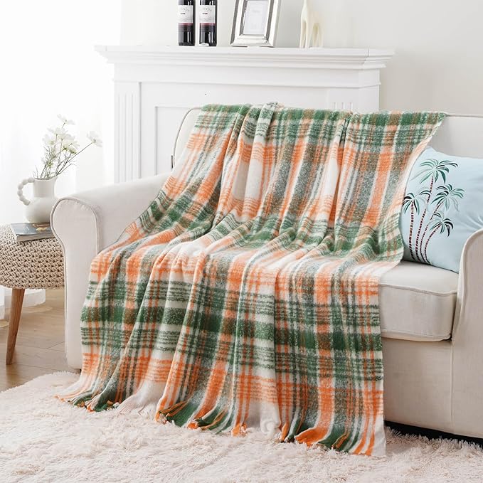 BATTILO Green Plaid Throw Blanket for Couch, Fall Mohair Tartan Plaid Blanket, Farmhouse Style Orange Throw Blankets for Home Decor(50"x60")