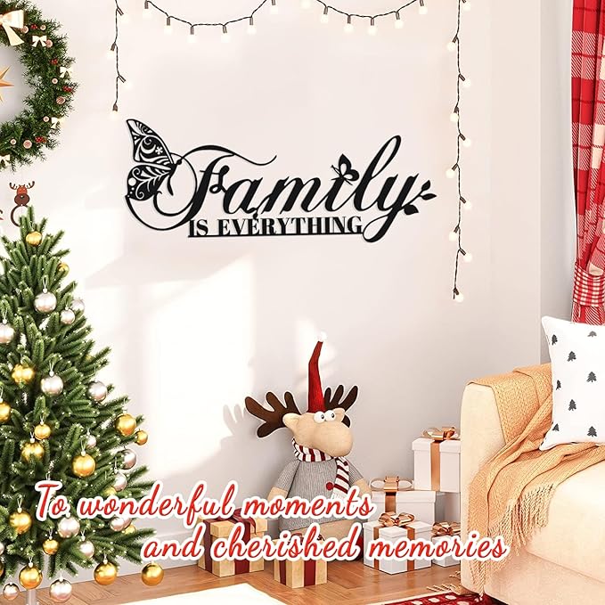 Family Signs Metal Wall Decor, Oppro Family Is Everything Word Sign with Butterfly for Home Decor, Black Art Plaque Letters for Living Room Dining Room Bedroom Housewarming Mother's Day Father's Day Christmas , 17”x6.3”