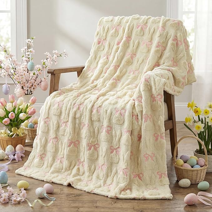 Horaldaily Easter Solid Blanket Throw, Beige Rabbits Bow Soft Fuzzy Plush Faux Fur Cozy Blankets for Couch Sofa Bed Lounging, Ideal Gifts for Kids Adults Wife Self, 60x80