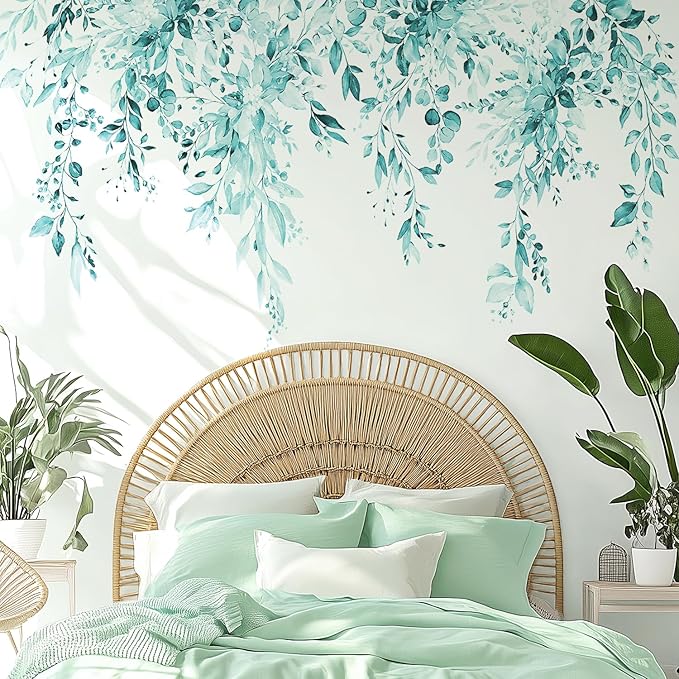 Spa Green Plants Leaves Wall Decals Peel and Stick, Large Floral Flowers Vinyl Wall Stickers, Removable Vine Home Decor Art for Bedroom Living Room Classroom Office