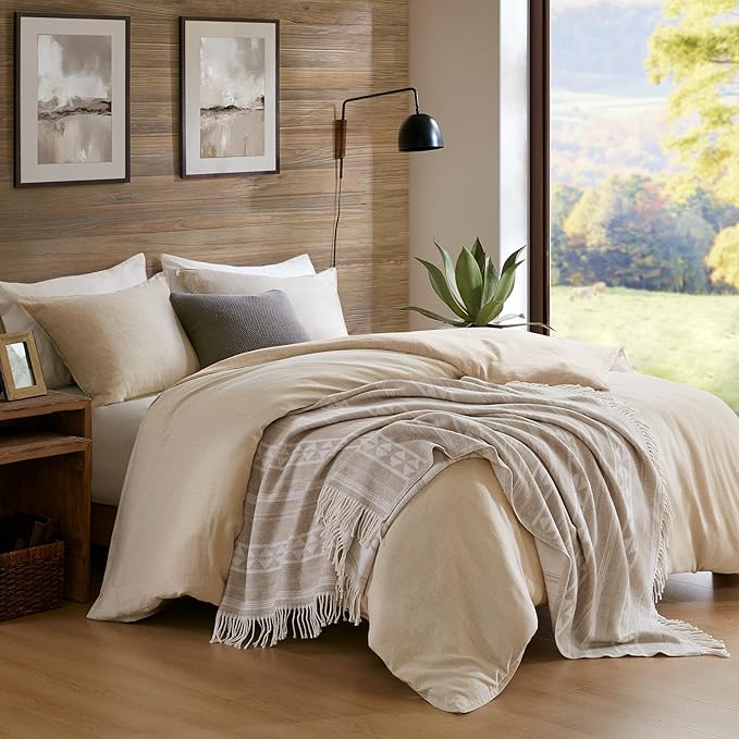 Woolrich Cotton Blend Jacquard Throw with Fringe Edge, Lightweight All-Season Decorative Throw Blanket, Machine Washable, Oeko-TEX Certified, Ivory Stripe, 50"x60"