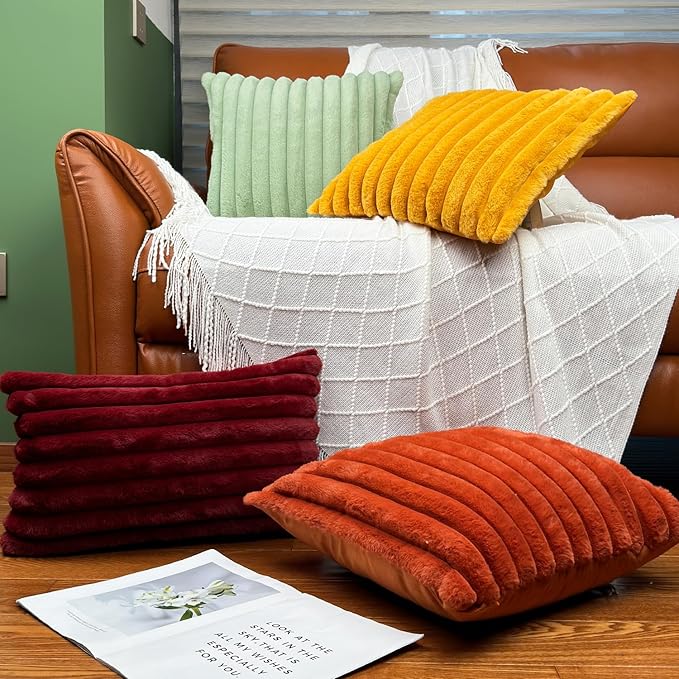 18x18 Throw Pillow Covers Set of 2, Decorative Faux Fur Covers for Bed, Couch Soft Fluffy Pillow Cover with Velvet Back for Living Room, Neutral Home Décor Accent for Sofa - Burnt Orange