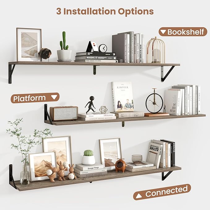 Axeman 48 Inch Floating Shelves | 8 Inch Deep Grey Wall Shelves Set of 2 | 47.3" W x 8" D Rustic Grey Wood Shelves for Bathroom Kitchen Living Room