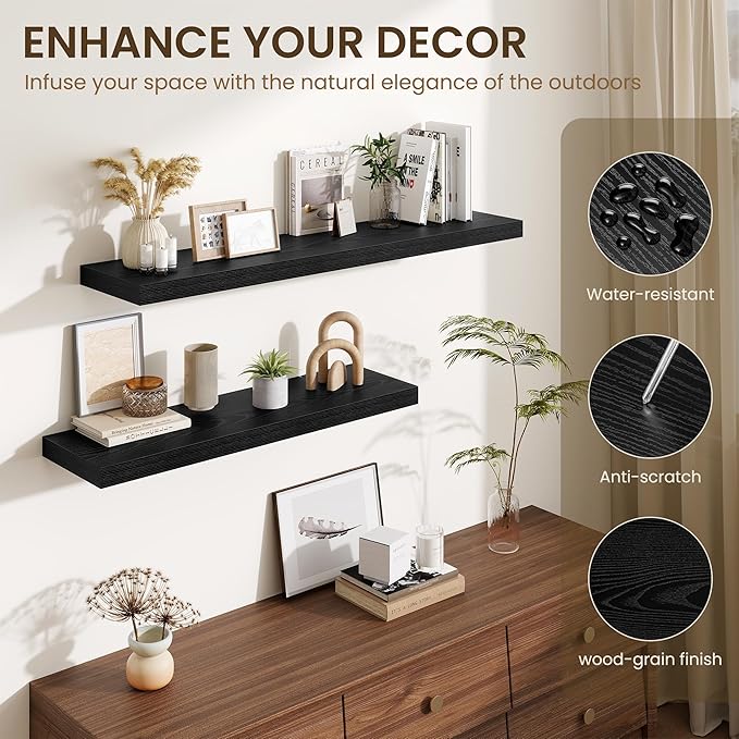 Fun Memories 10 Inch Deep Shelves, Floating Shelves for Wall 48 Inches Long, Wood Floating Shelves for Wall, Large Storage Shelves Wall Mount for Living Room Bedroom, Black, Set of 1